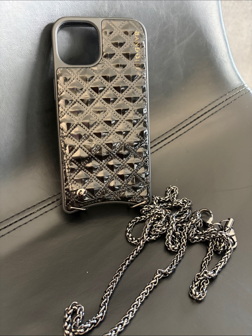 Bandolier Black Quilted Studded Patent Phone Crossbody Case with Chain